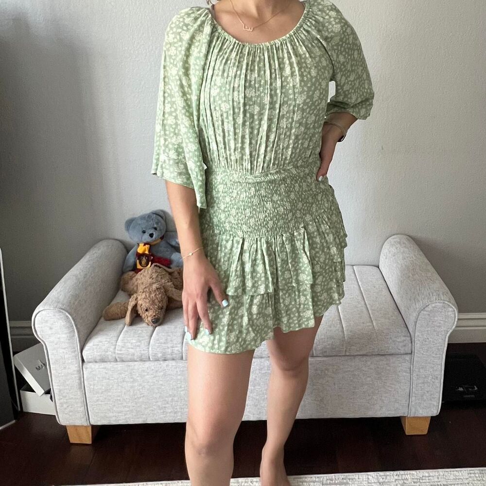 New Promesa Women's Green Floral Mini Dress Sundress Ruffles Size Small